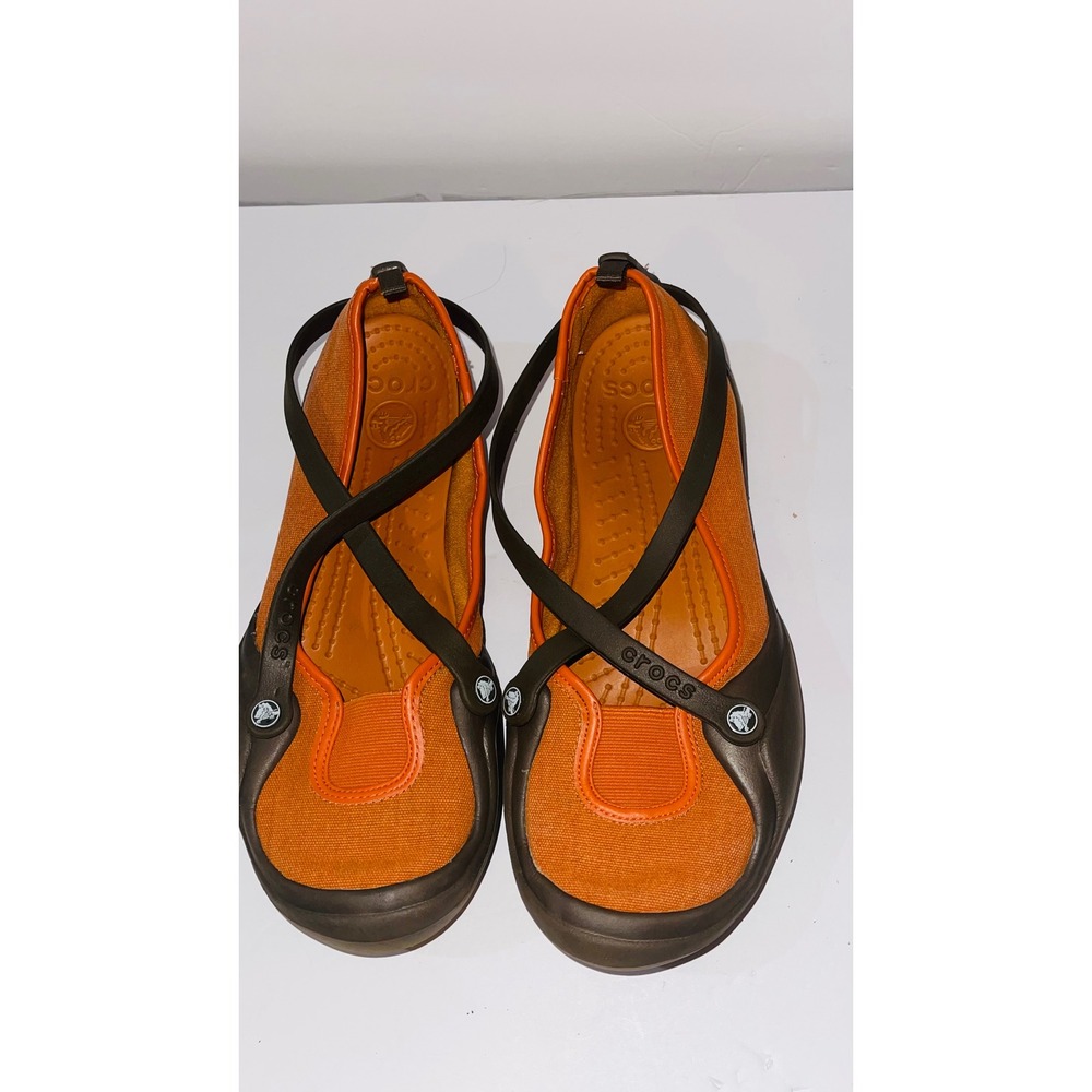 Crocs Womens Adrina Mary Jane Size 12 Orange Brown Canvas Comfort Clog